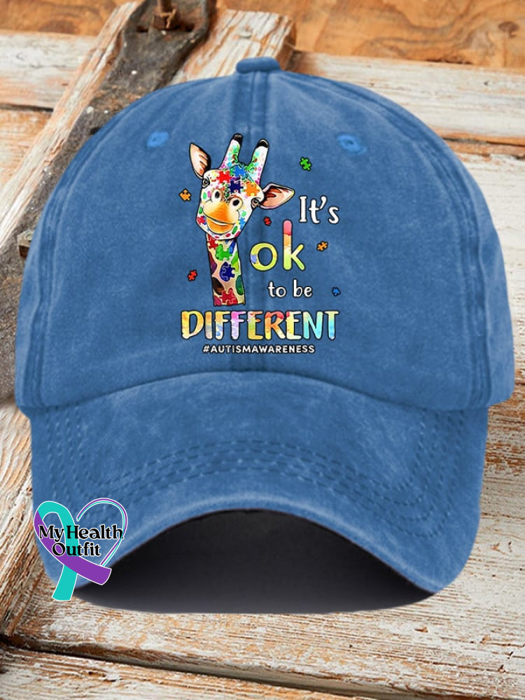 Retro Autism Awareness Giraffe It’s Ok To Be Different Print Baseball Cap Blue / One-Size