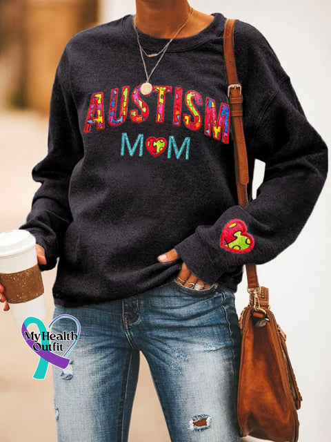 Retro Autism Awareness Mom Love Heart Puzzle Print Sweatshirt Black / S