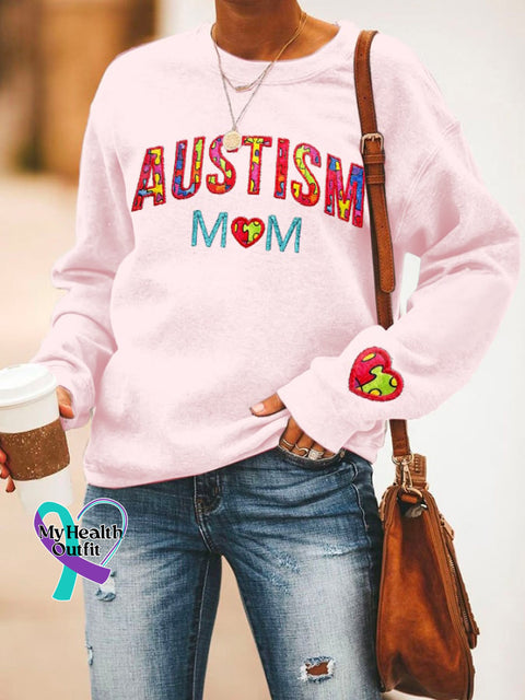 Retro Autism Awareness Mom Love Heart Puzzle Print Sweatshirt Pink / S