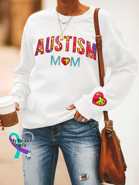 Retro Autism Awareness Mom Love Heart Puzzle Print Sweatshirt White / S