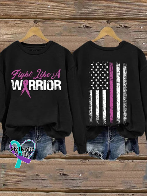 Retro Breast Cancer Awareness Fight Like A Warrior Flag Double Sided Print Sweatshirt Black / S