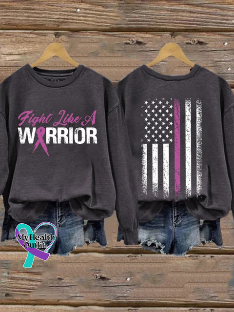 Retro Breast Cancer Awareness Fight Like A Warrior Flag Double Sided Print Sweatshirt Dark Grey / S