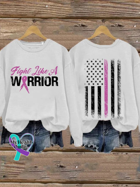 Retro Breast Cancer Awareness Fight Like A Warrior Flag Double Sided Print Sweatshirt White / S
