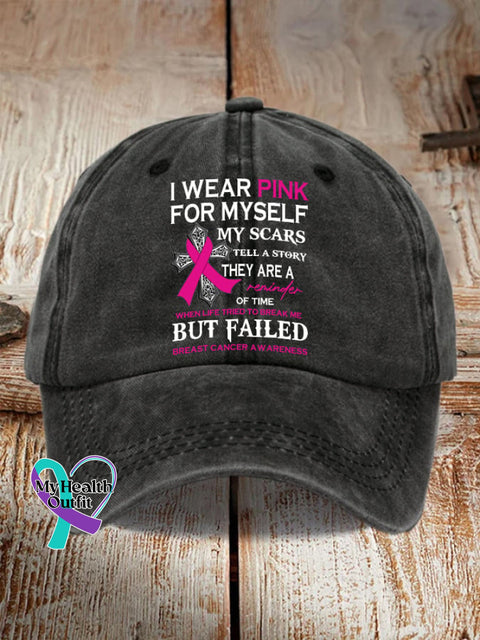 Retro Breast Cancer Awareness I Wear Pink For Myself Print Baseball Cap Black / One-Size