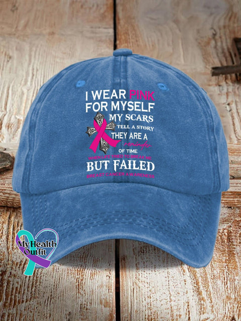 Retro Breast Cancer Awareness I Wear Pink For Myself Print Baseball Cap Blue / One-Size