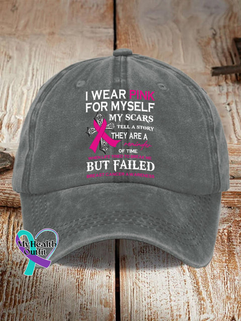 Retro Breast Cancer Awareness I Wear Pink For Myself Print Baseball Cap Grey / One-Size