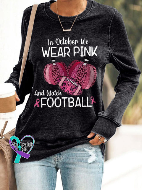 Retro Breast Cancer Awareness In October We Wear Pink And Watch Football Leopard Print Sweatshirt