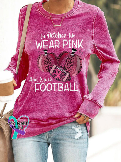 Retro Breast Cancer Awareness In October We Wear Pink And Watch Football Leopard Print Sweatshirt /