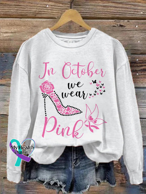 Retro Breast Cancer Awareness In October We Wear Pink Print Casual Sweatshirt White / S