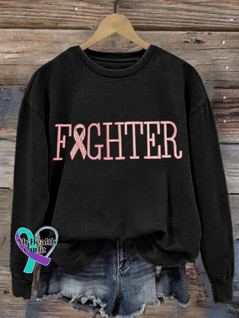 Retro Breast Cancer Awareness Pink Ribbon Fighter Print Sweatshirt Black / S
