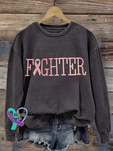 Retro Breast Cancer Awareness Pink Ribbon Fighter Print Sweatshirt Dark Grey / S