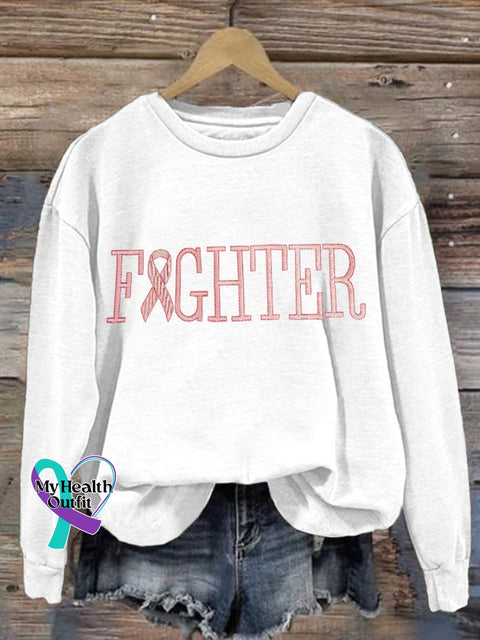 Retro Breast Cancer Awareness Pink Ribbon Fighter Print Sweatshirt White / S