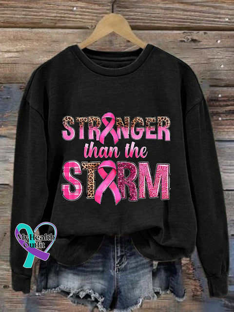 Retro Breast Cancer Awareness Ribbon Stronger Than The Storm Leopard Print Sweatshirt Black / S