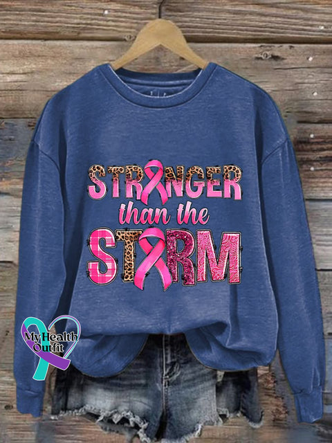Retro Breast Cancer Awareness Ribbon Stronger Than The Storm Leopard Print Sweatshirt Blue / S