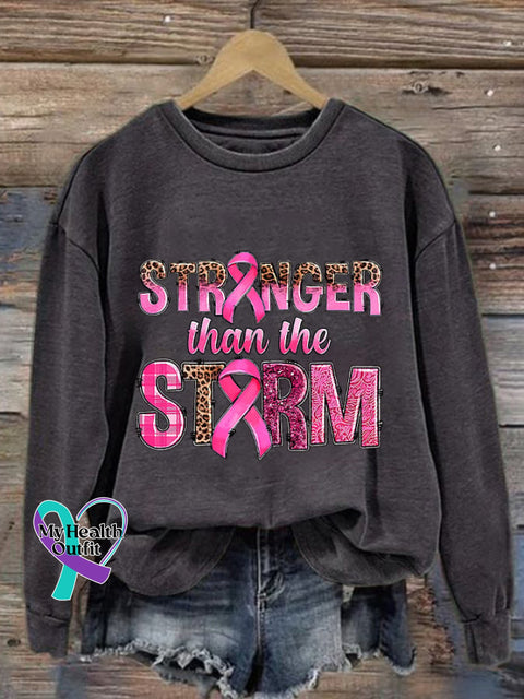 Retro Breast Cancer Awareness Ribbon Stronger Than The Storm Leopard Print Sweatshirt Dark Grey / S