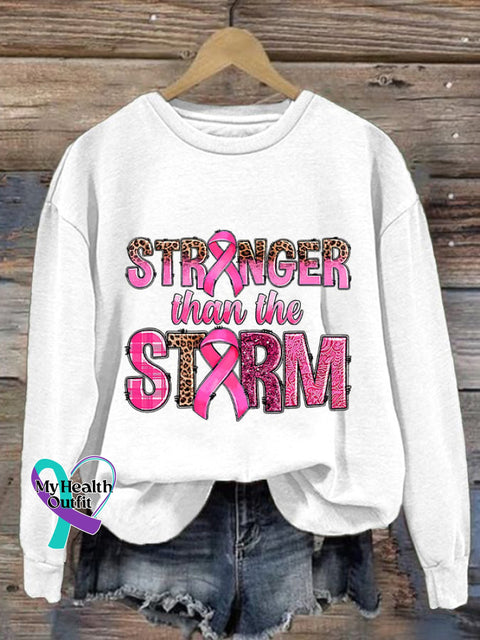 Retro Breast Cancer Awareness Ribbon Stronger Than The Storm Leopard Print Sweatshirt White / S