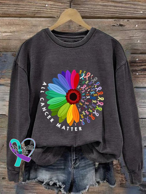 Retro Cancer Awareness All Matter Ribbon Print Sweatshirt Dark Grey / S