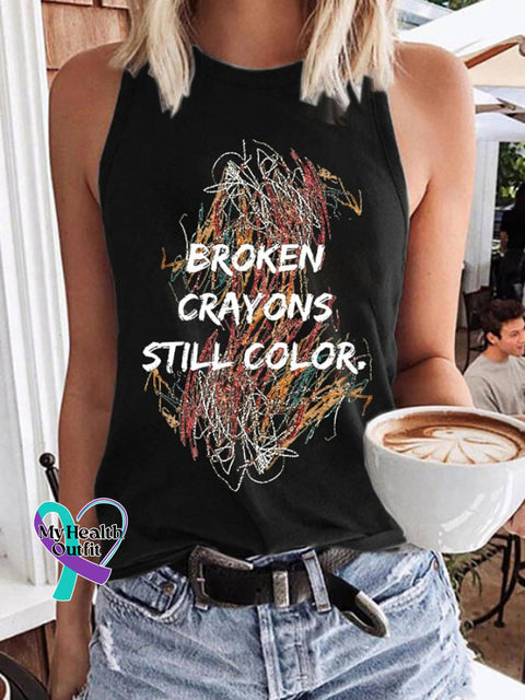 Retro Casual Broken Crayons Still Color Print Tank Top Black / S