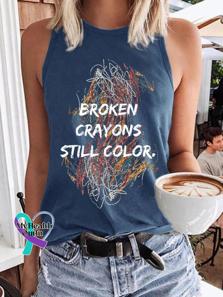 Retro Casual Broken Crayons Still Color Print Tank Top Blue / S