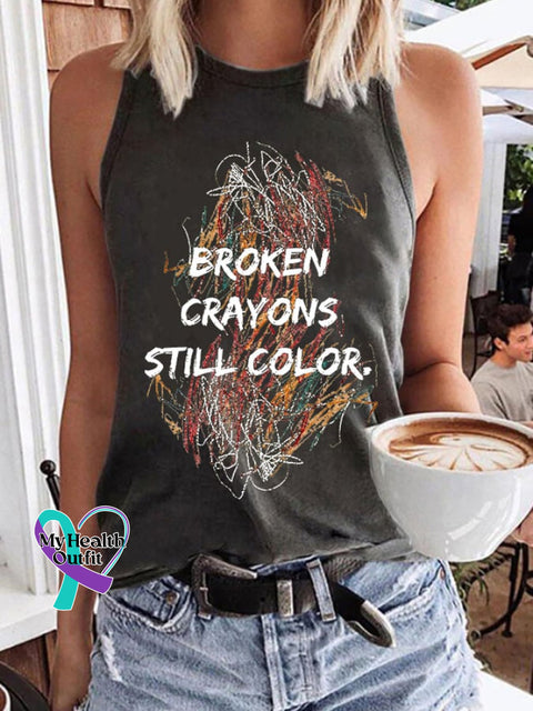 Retro Casual Broken Crayons Still Color Print Tank Top Dark Grey / S