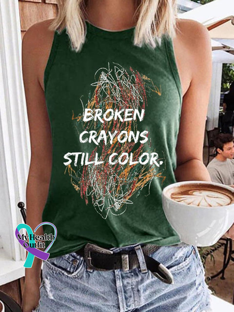 Retro Casual Broken Crayons Still Color Print Tank Top Green / S
