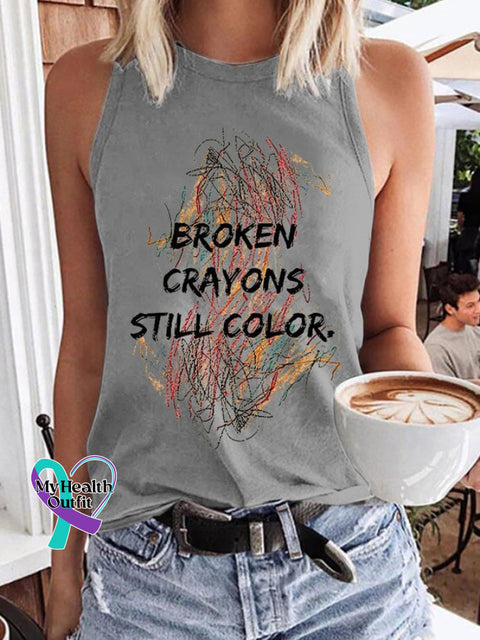 Retro Casual Broken Crayons Still Color Print Tank Top Grey / S