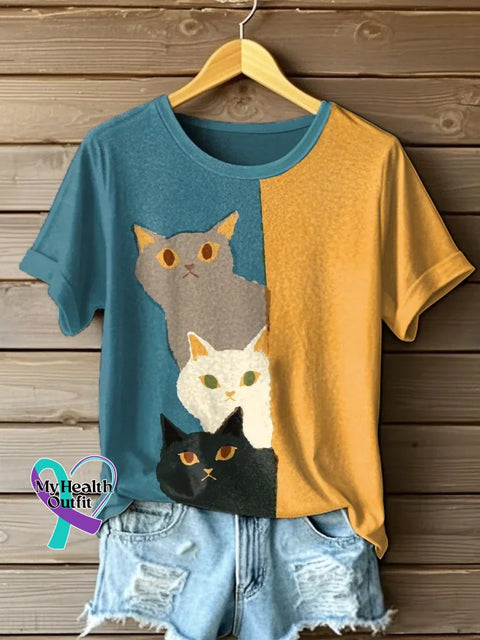 Retro Cat Art Pattern Casual T-shirt Multicolor / S