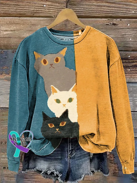 Retro Cat Print Casual Sweatshirt Multicolor / S
