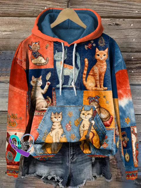 Retro Cats Print Casual Hoodie Sweatshirt Multicolor / S