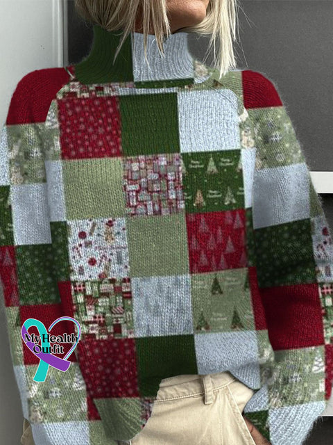 Retro Christmas Art Print Knit Turtleneck Pullover Sweater Multicolor / S