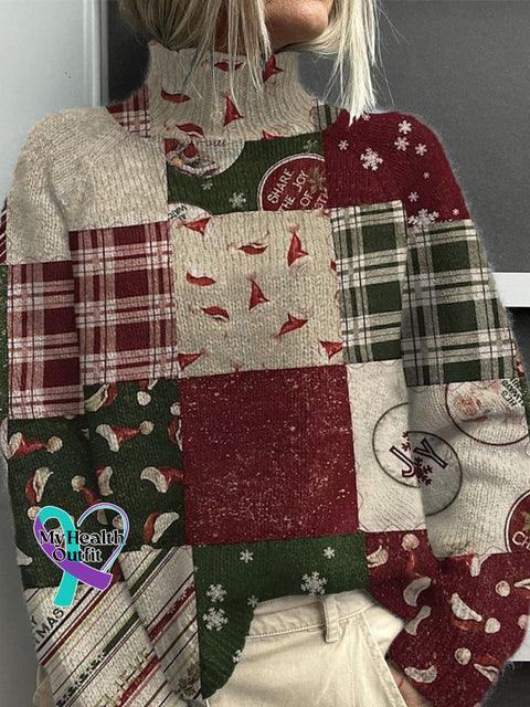 Retro Christmas Art Print Knit Turtleneck Pullover Sweater Multicolor / S