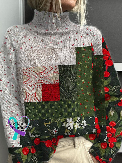 Retro Christmas Art Print Knit Turtleneck Pullover Sweater Multicolor / S