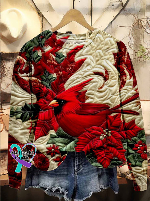 Retro Christmas Bird Print Casual Sweatshirt Multicolor / S