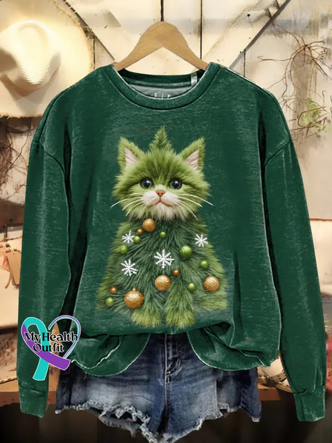 Retro Christmas Cat Print Casual Sweatshirt Multicolor / S