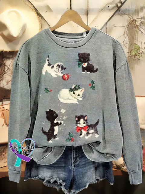 Retro Christmas Cats Print Casual Sweatshirt Multicolor / S