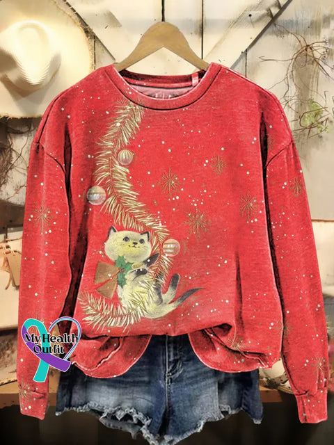 Retro Christmas Cats Print Casual Sweatshirt Multicolor / S