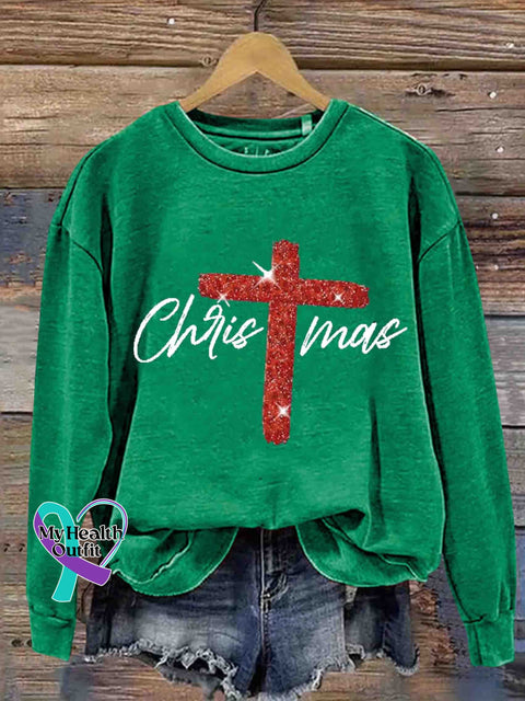 Retro Christmas Faith Cross Casual Sweatshirt Green / S