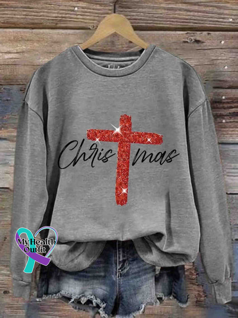 Retro Christmas Faith Cross Casual Sweatshirt Grey / S
