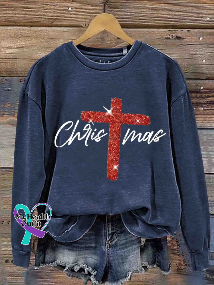 Retro Christmas Faith Cross Casual Sweatshirt Navyblue / S