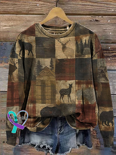 Retro Christmas Farmer Patchwork Art Prrint Casual Sweatshirt Multicolor / S