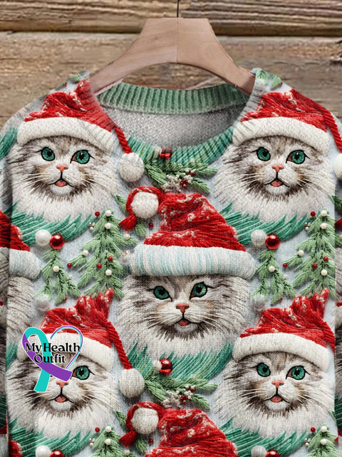 Retro Christmas Gift Cat Art Print Knit Pullover Sweater