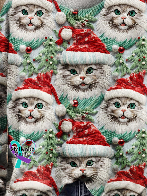 Retro Christmas Gift Cat Art Print Knit Pullover Sweater
