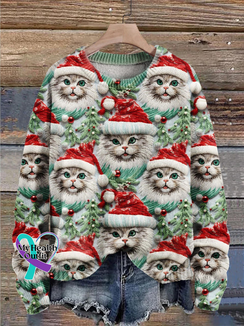 Retro Christmas Gift Cat Art Print Knit Pullover Sweater Muilticolor / S