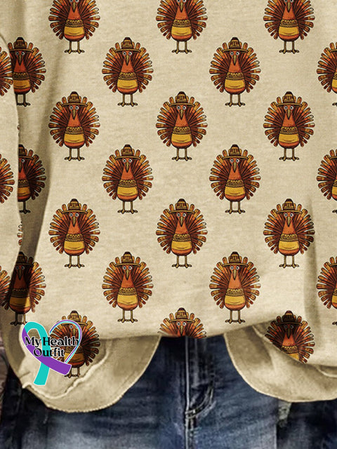 Retro Christmas Gift Turkey Art Design Print Casual Sweatshirt