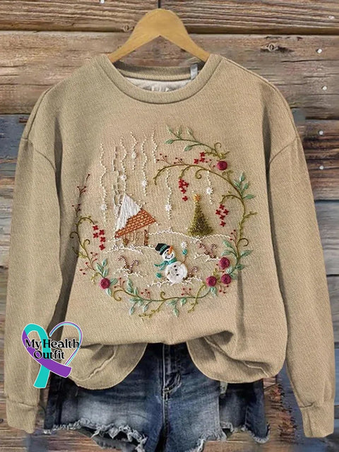 Retro Christmas House Art Pattern Print Casual Sweatshirt Multicolor / S