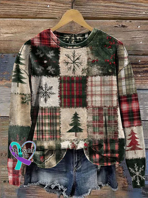 Retro Christmas Patchwork Art Prrint Casual Sweatshirt Multicolor / S
