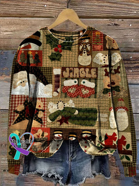 Retro Christmas Patchwork Art Prrint Casual Sweatshirt Multicolor / S