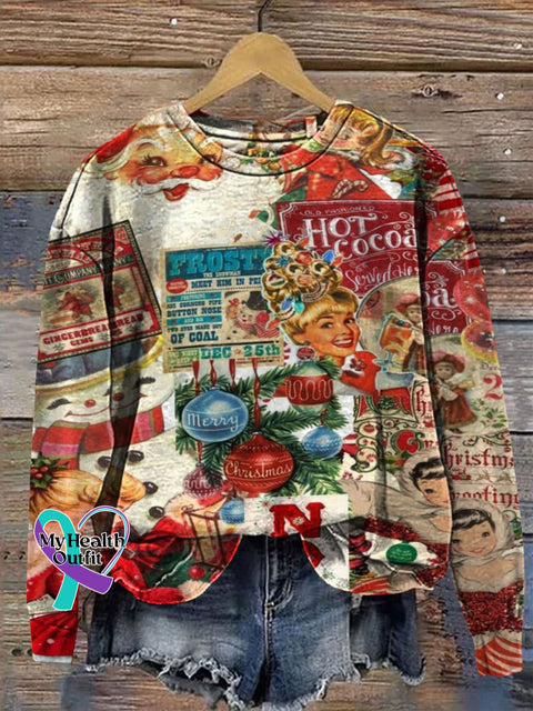 Retro Christmas Patchwork Art Prrint Casual Sweatshirt Multicolor / S