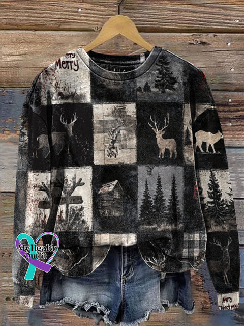 Retro Christmas Patchwork Art Prrint Casual Sweatshirt Multicolor / S