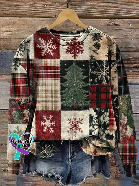 Retro Christmas Patchwork Art Prrint Casual Sweatshirt Multicolor / S